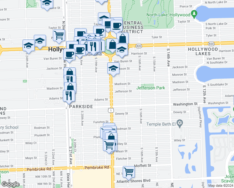 map of restaurants, bars, coffee shops, grocery stores, and more near 1736 Jefferson Street in Hollywood