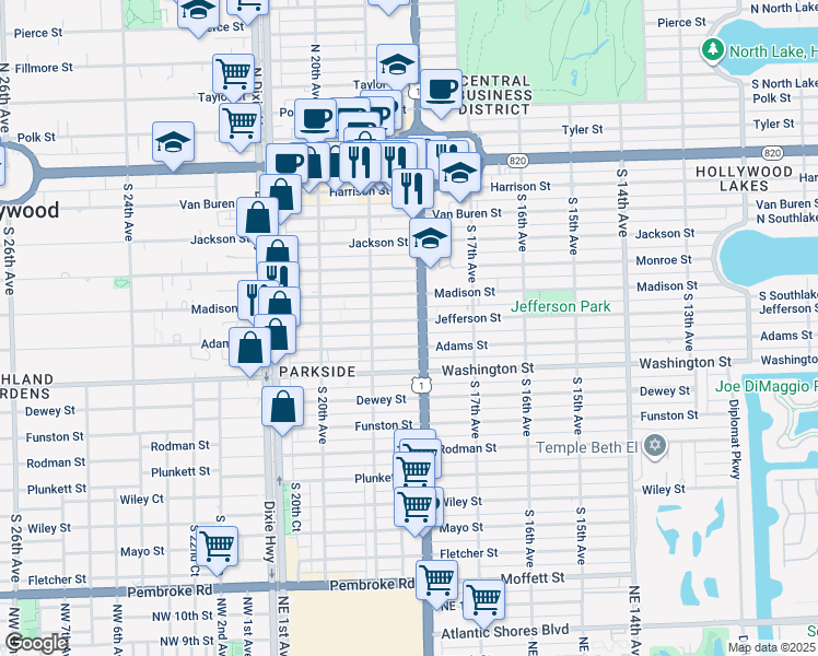 map of restaurants, bars, coffee shops, grocery stores, and more near 1811 Jefferson Street in Hollywood