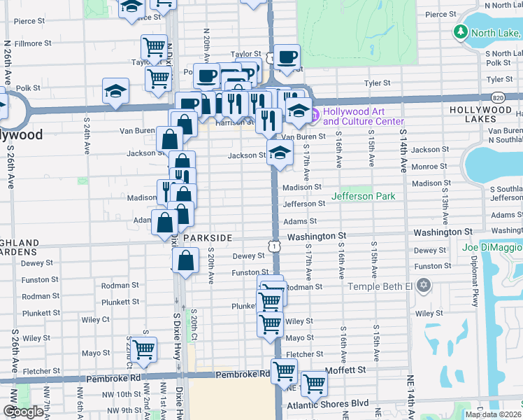 map of restaurants, bars, coffee shops, grocery stores, and more near 1811 Jefferson Street in Hollywood
