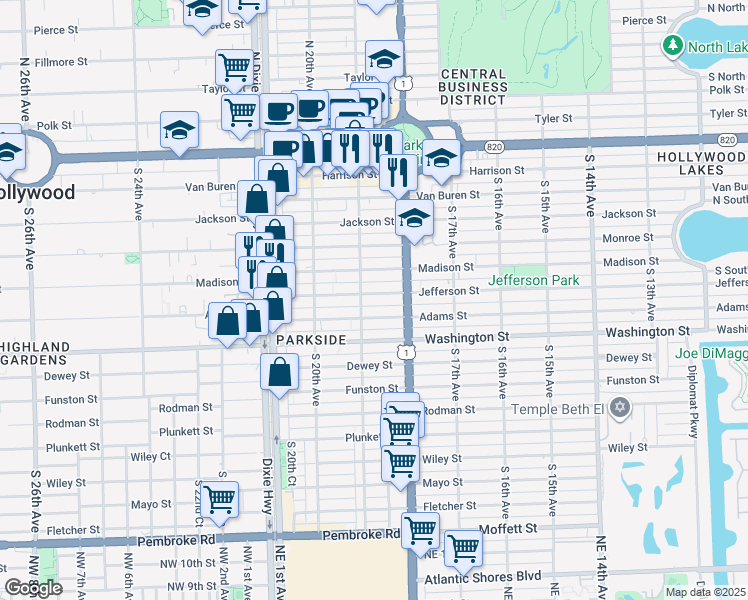 map of restaurants, bars, coffee shops, grocery stores, and more near 706 South 19th Avenue in Hollywood