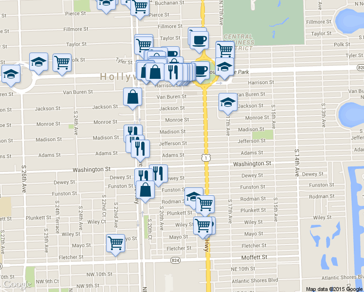 map of restaurants, bars, coffee shops, grocery stores, and more near 706 South 19th Avenue in Hollywood