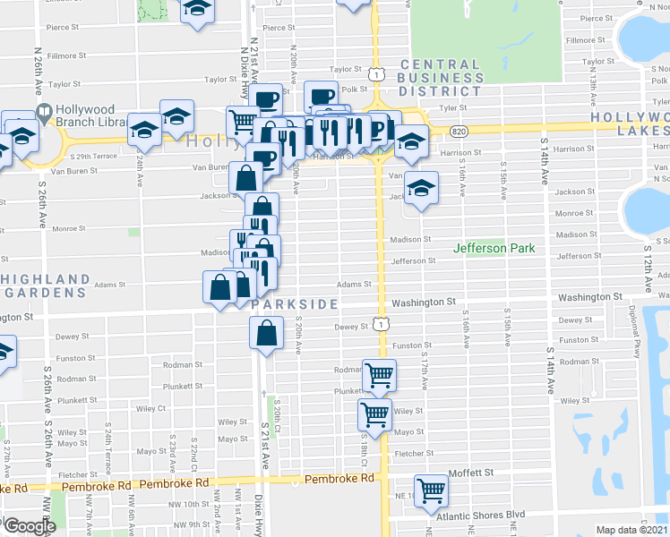 map of restaurants, bars, coffee shops, grocery stores, and more near 706 South 19th Avenue in Hollywood
