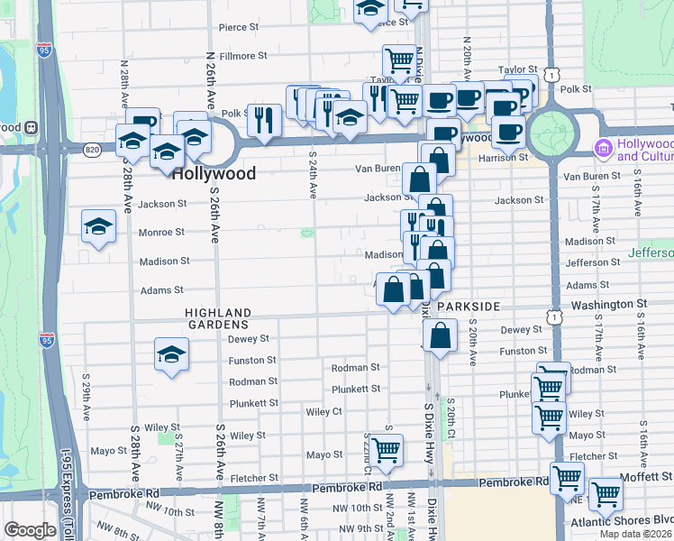 map of restaurants, bars, coffee shops, grocery stores, and more near 617 South 24th Avenue in Hollywood