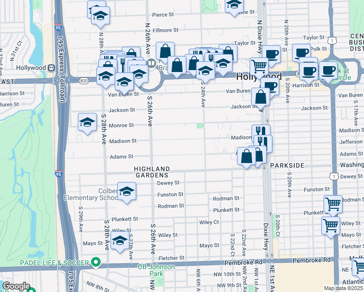 map of restaurants, bars, coffee shops, grocery stores, and more near 2503 Adams Street in Hollywood
