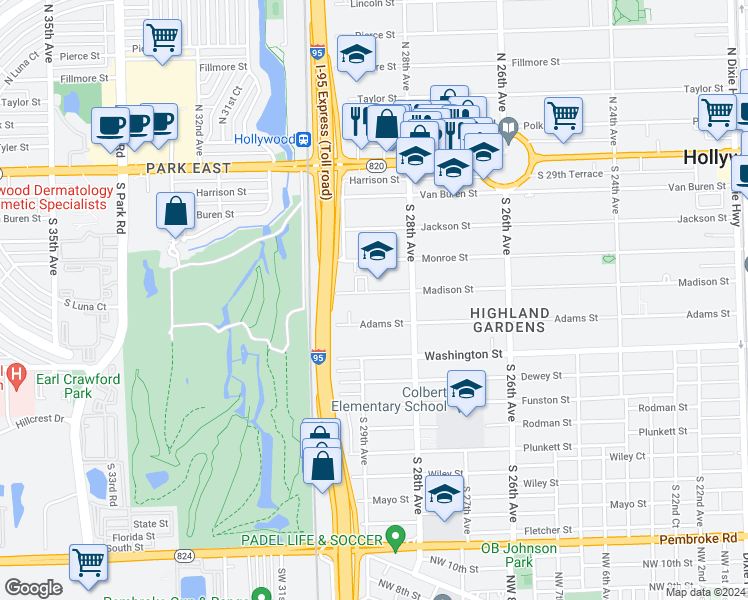 map of restaurants, bars, coffee shops, grocery stores, and more near 2834 Madison Street in Hollywood