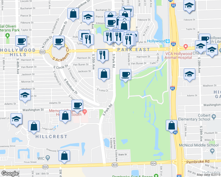 map of restaurants, bars, coffee shops, grocery stores, and more near 620 South Park Road in Hollywood