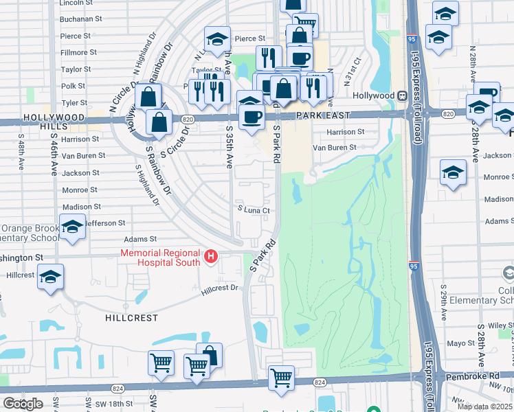 map of restaurants, bars, coffee shops, grocery stores, and more near 620 South Park Road in Hollywood