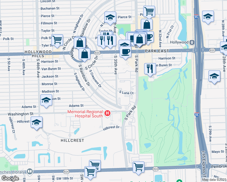 map of restaurants, bars, coffee shops, grocery stores, and more near 617 South Crescent Drive in Hollywood