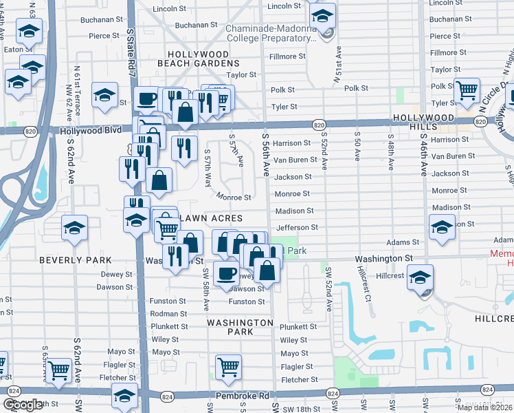map of restaurants, bars, coffee shops, grocery stores, and more near 5625 Madison Street in Hollywood
