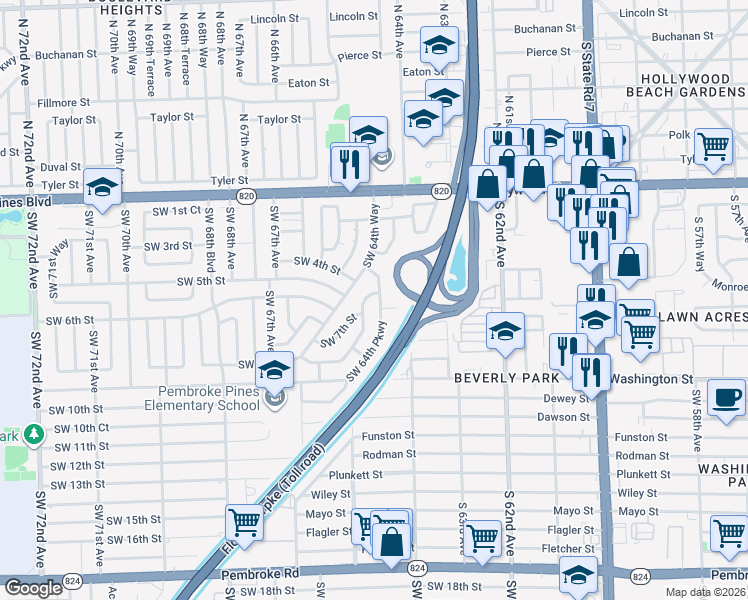 map of restaurants, bars, coffee shops, grocery stores, and more near 510 Southwest 64th Parkway in Pembroke Pines