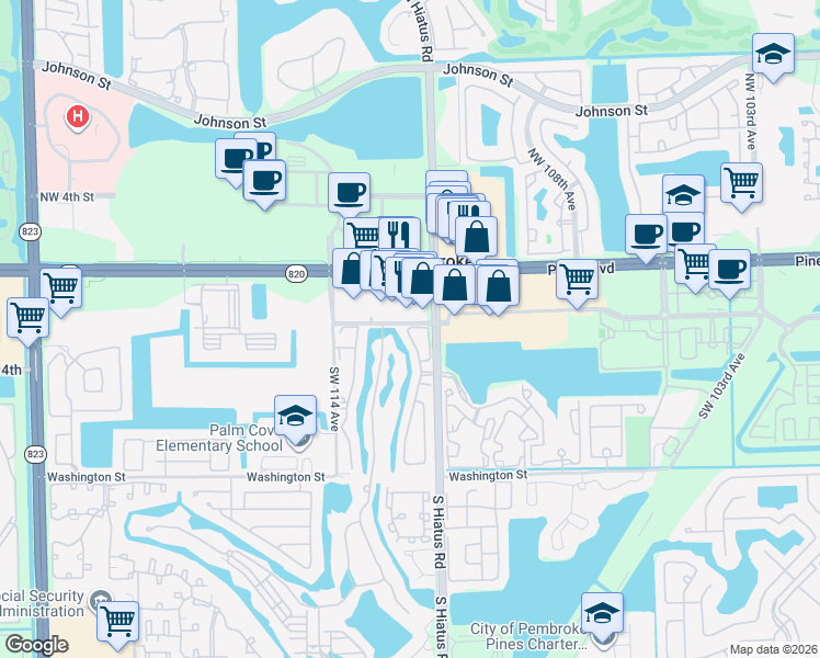 map of restaurants, bars, coffee shops, grocery stores, and more near 11200 Southwest 2nd Place in Pembroke Pines