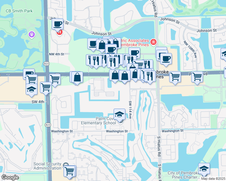 map of restaurants, bars, coffee shops, grocery stores, and more near 201 Southwest 116th Avenue in Pembroke Pines