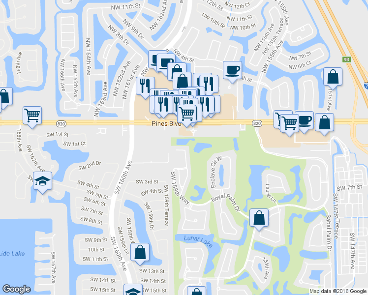 map of restaurants, bars, coffee shops, grocery stores, and more near 15875 Southwest 3rd Street in Pembroke Pines