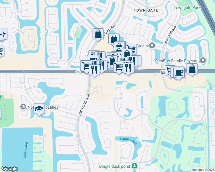 map of restaurants, bars, coffee shops, grocery stores, and more near 16000 Pines Boulevard in Pembroke Pines