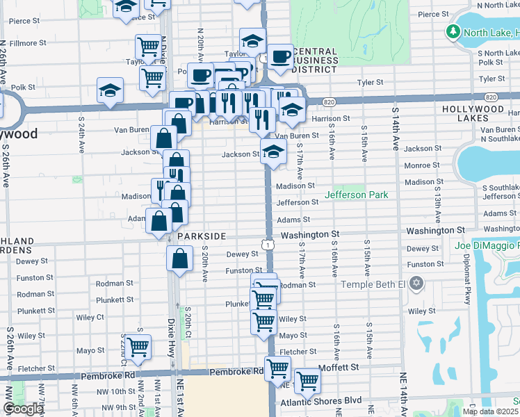 map of restaurants, bars, coffee shops, grocery stores, and more near 1814 Jefferson Street in Hollywood
