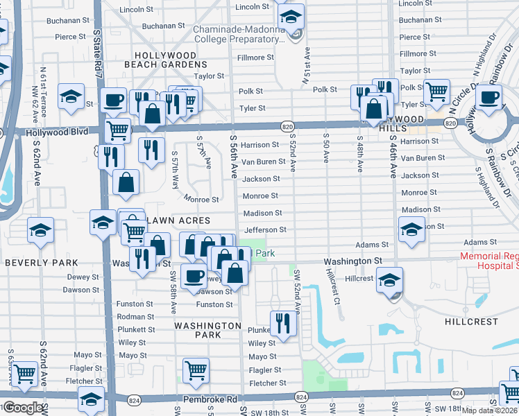 map of restaurants, bars, coffee shops, grocery stores, and more near 5401 Madison Street in Hollywood
