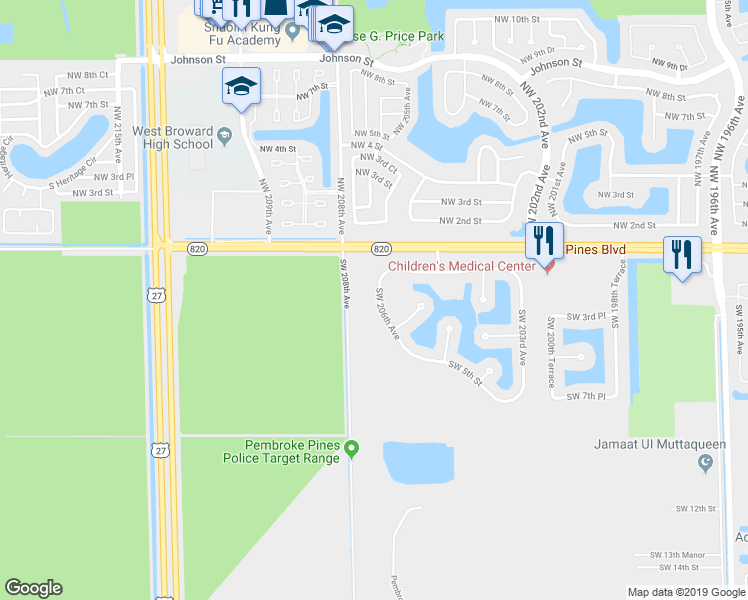 map of restaurants, bars, coffee shops, grocery stores, and more near 142 Southwest 206th Avenue in Hollywood