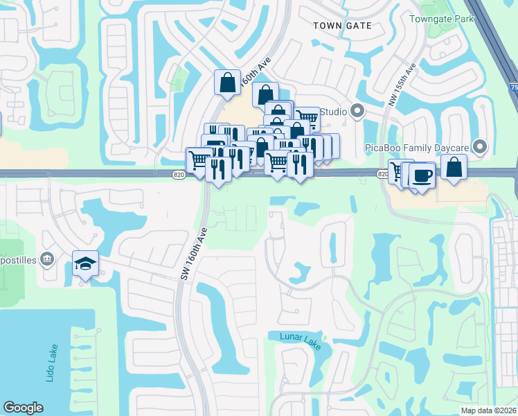 map of restaurants, bars, coffee shops, grocery stores, and more near 15875 Southwest 3rd Street in Pembroke Pines