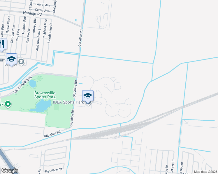 map of restaurants, bars, coffee shops, grocery stores, and more near Old Alice Road in Brownsville