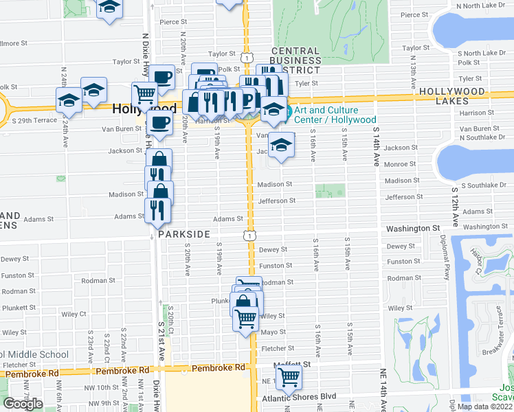 map of restaurants, bars, coffee shops, grocery stores, and more near 1736 Jefferson Street in Hollywood