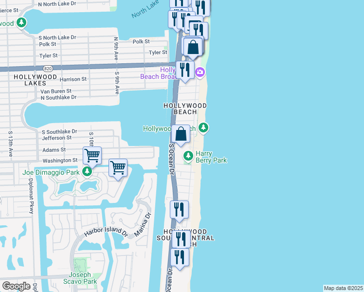 map of restaurants, bars, coffee shops, grocery stores, and more near 1201 South Ocean Drive in Hollywood