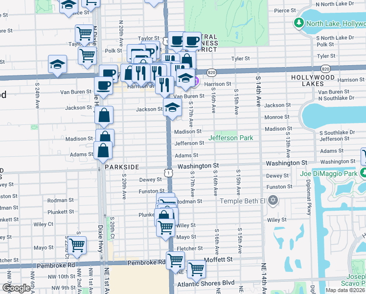 map of restaurants, bars, coffee shops, grocery stores, and more near 1736 Jefferson Street in Hollywood