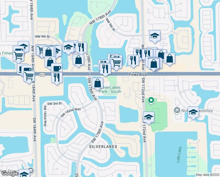 map of restaurants, bars, coffee shops, grocery stores, and more near 17601 Southwest 2nd Street in Pembroke Pines