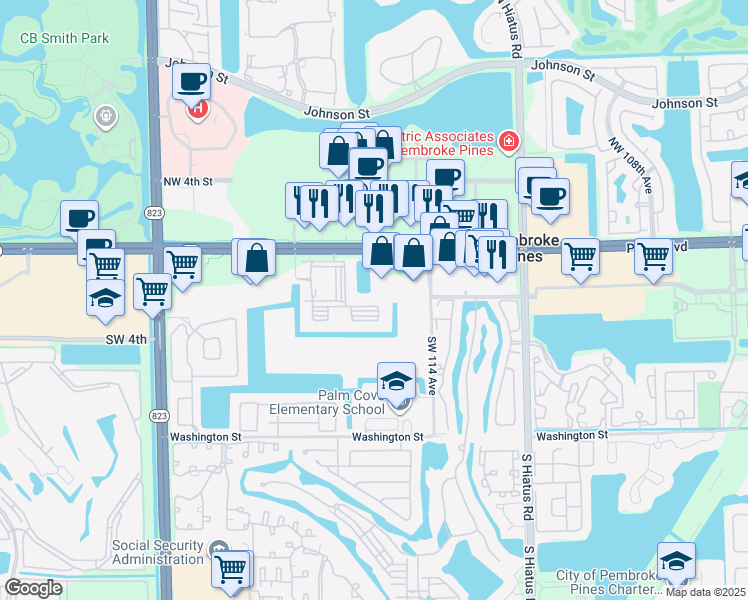 map of restaurants, bars, coffee shops, grocery stores, and more near 11601 Southwest 2nd Street in Pembroke Pines