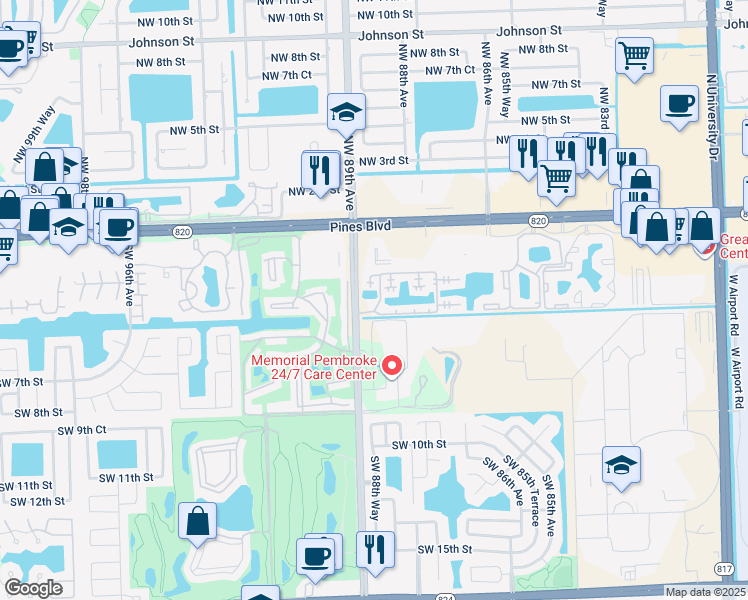 map of restaurants, bars, coffee shops, grocery stores, and more near 450 Southwest 88th Terrace in Pembroke Pines