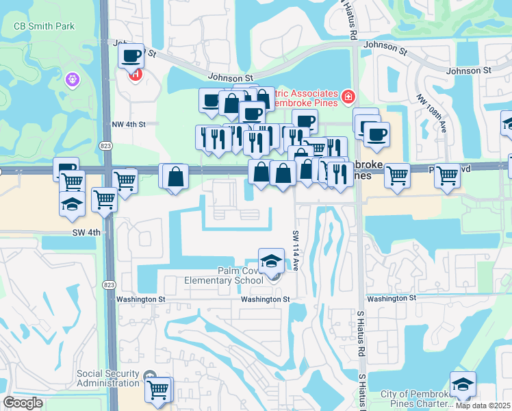 map of restaurants, bars, coffee shops, grocery stores, and more near 201 Southwest 116th Avenue in Pembroke Pines