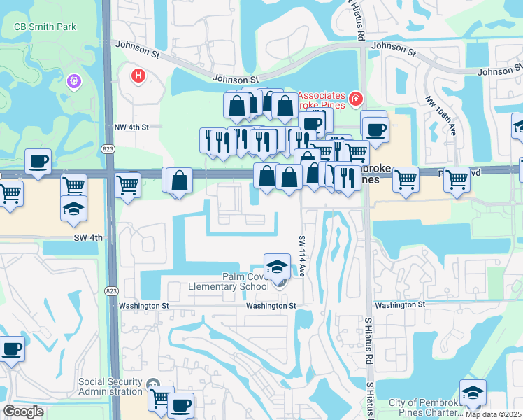 map of restaurants, bars, coffee shops, grocery stores, and more near 11601 Southwest 2nd Street in Pembroke Pines