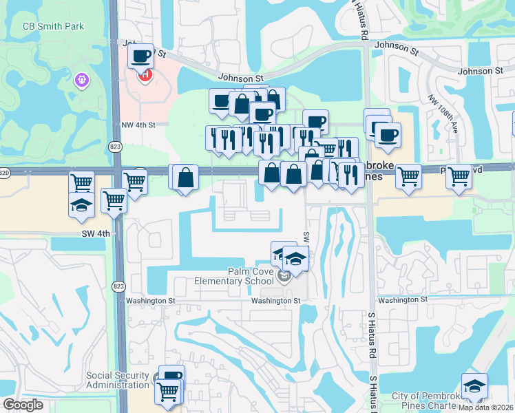 map of restaurants, bars, coffee shops, grocery stores, and more near 11631 Southwest 2nd Street in Pembroke Pines