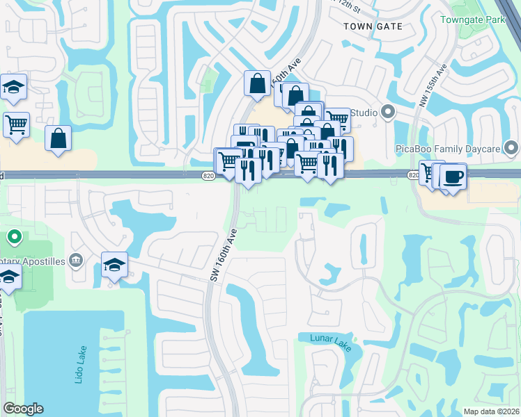 map of restaurants, bars, coffee shops, grocery stores, and more near 165 Southwest 160th Avenue in Pembroke Pines