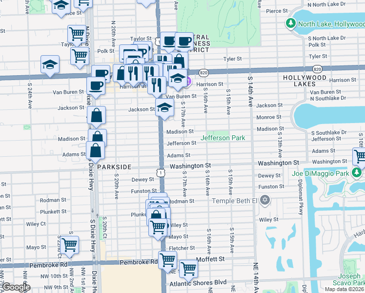 map of restaurants, bars, coffee shops, grocery stores, and more near 702 South 17th Avenue in Hollywood