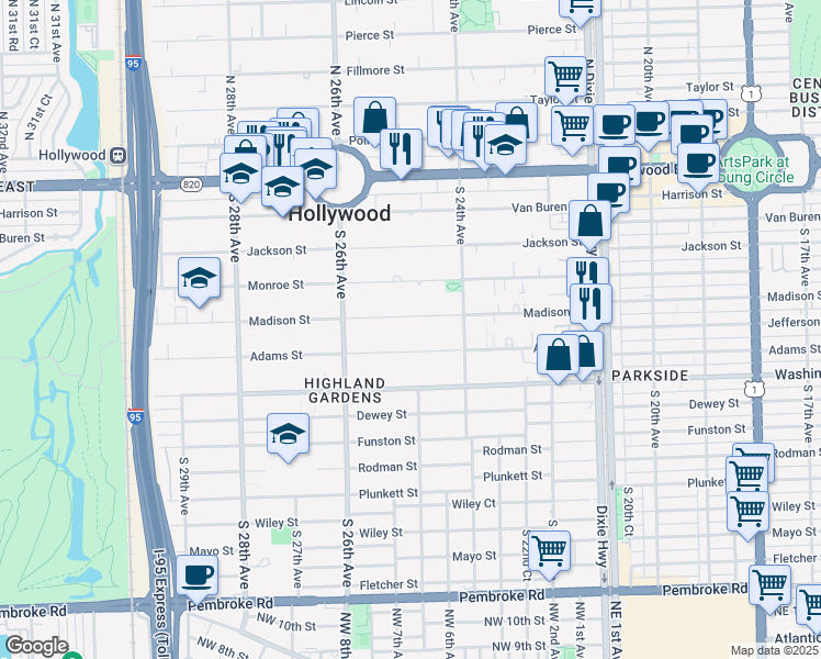 map of restaurants, bars, coffee shops, grocery stores, and more near 2503 Adams Street in Hollywood