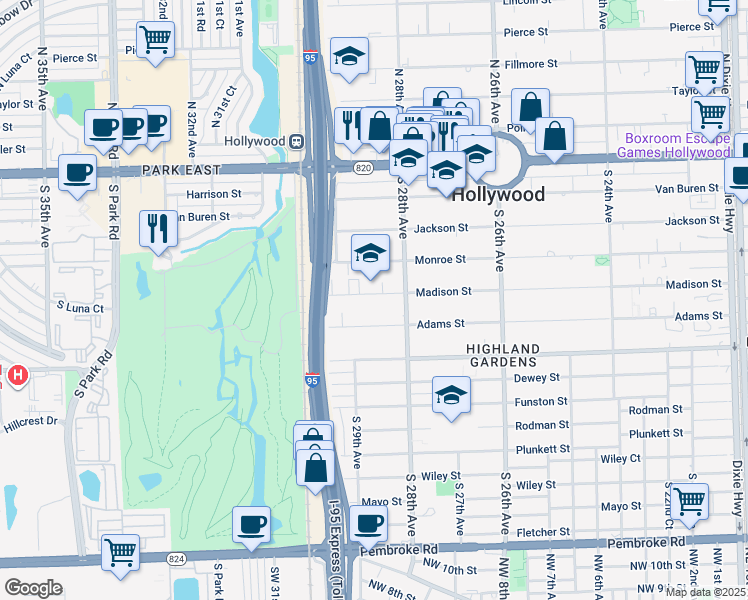map of restaurants, bars, coffee shops, grocery stores, and more near 2834 Madison Street in Hollywood