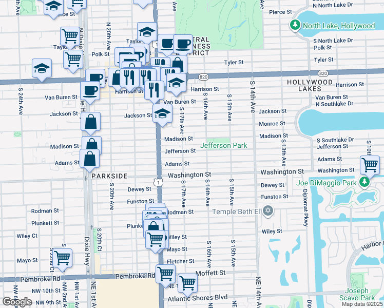 map of restaurants, bars, coffee shops, grocery stores, and more near 1651 Adams Street in Hollywood