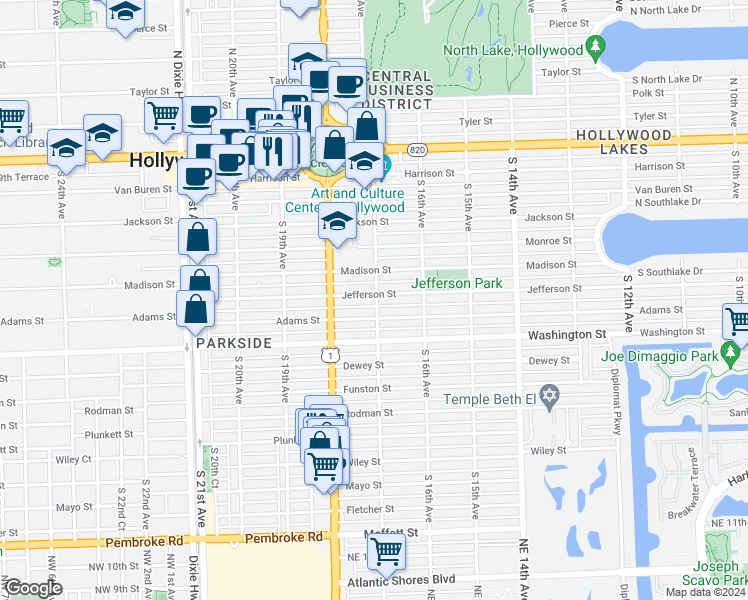 map of restaurants, bars, coffee shops, grocery stores, and more near 1651 Adams Street in Hollywood