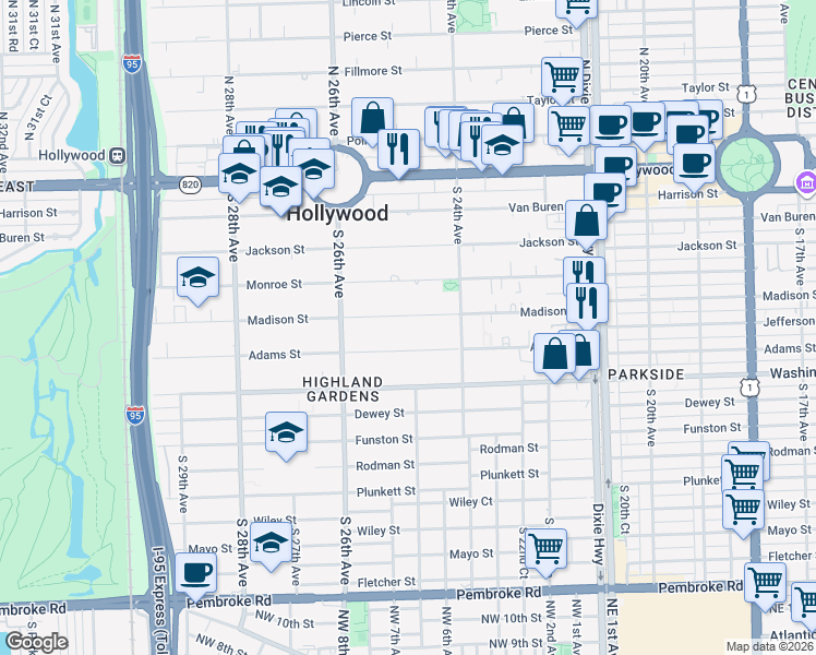 map of restaurants, bars, coffee shops, grocery stores, and more near 2503 Adams Street in Hollywood