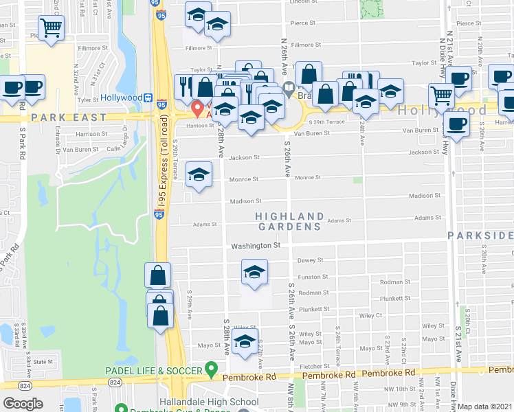 map of restaurants, bars, coffee shops, grocery stores, and more near 2718 Madison Street in Hollywood