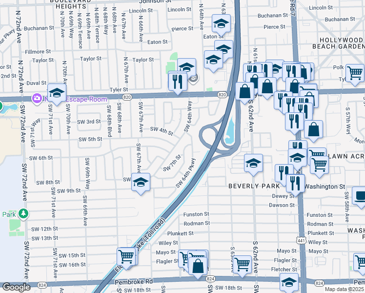 map of restaurants, bars, coffee shops, grocery stores, and more near 510 Southwest 64th Parkway in Pembroke Pines