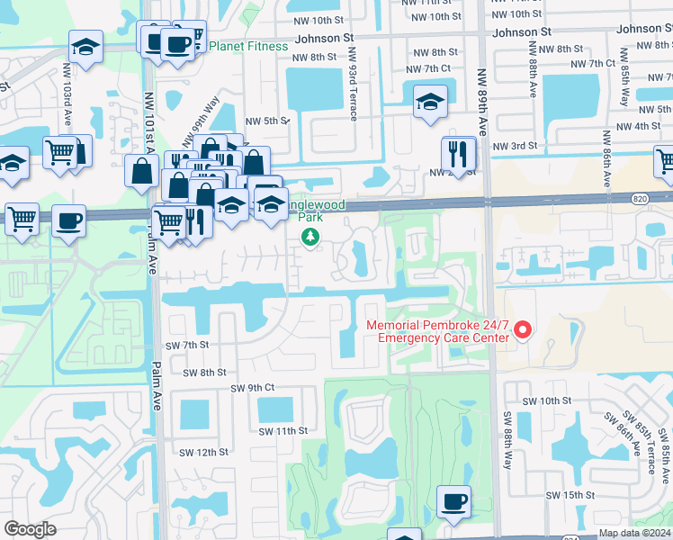 map of restaurants, bars, coffee shops, grocery stores, and more near 400 Palm Way in Pembroke Pines