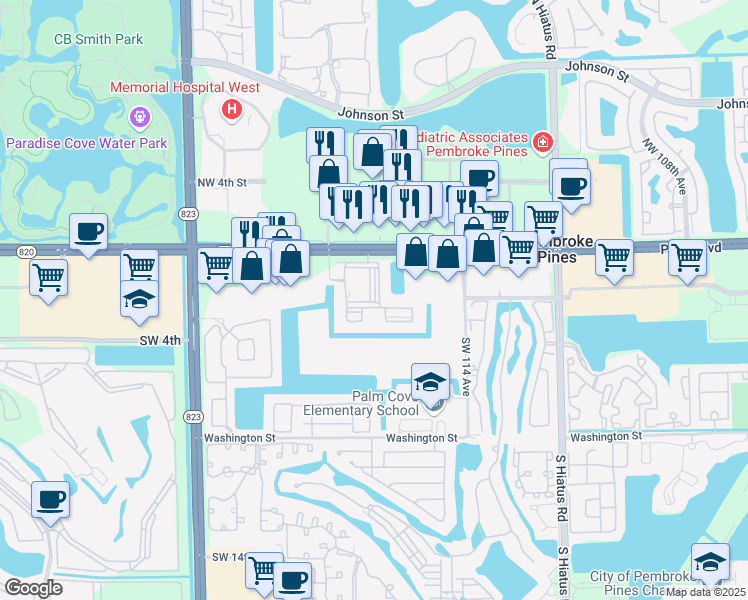 map of restaurants, bars, coffee shops, grocery stores, and more near 11601 Southwest 2nd Street in Pembroke Pines