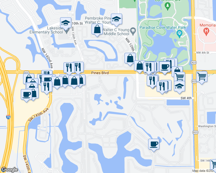 map of restaurants, bars, coffee shops, grocery stores, and more near 251 Southwest 134th Way in Pembroke Pines