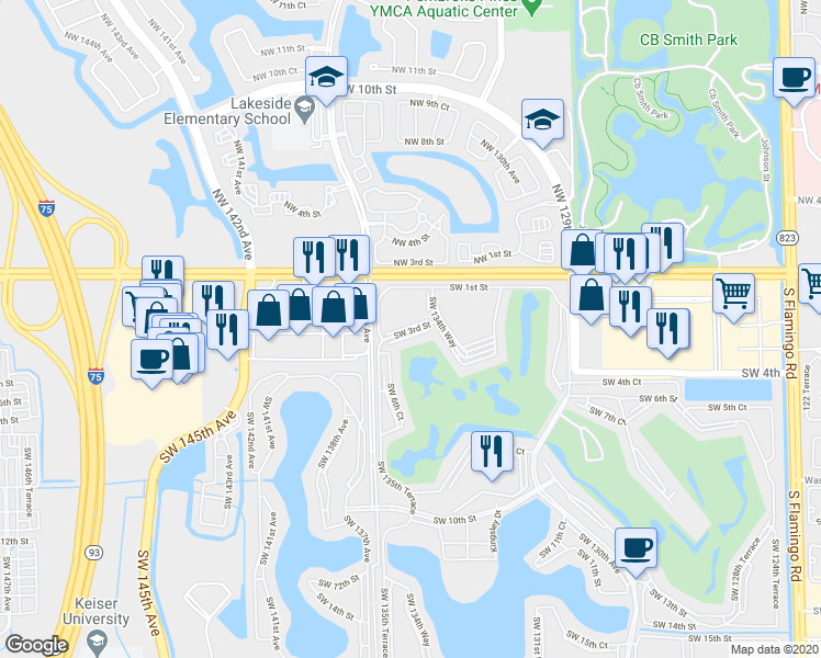 map of restaurants, bars, coffee shops, grocery stores, and more near 13450 Southwest 3rd Street in Pembroke Pines