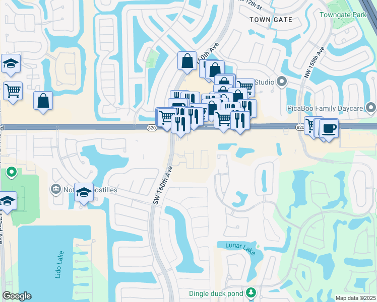 map of restaurants, bars, coffee shops, grocery stores, and more near 165 Southwest 160th Avenue in Pembroke Pines
