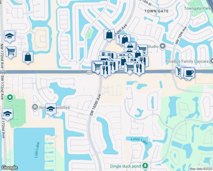 map of restaurants, bars, coffee shops, grocery stores, and more near 165 Southwest 160th Avenue in Pembroke Pines