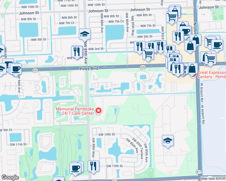 map of restaurants, bars, coffee shops, grocery stores, and more near 8713 Southwest 5th Street in Pembroke Pines