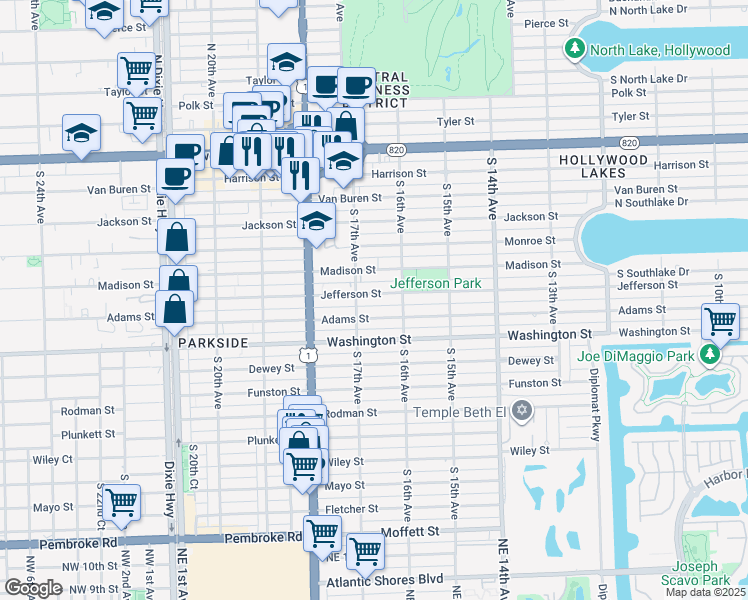 map of restaurants, bars, coffee shops, grocery stores, and more near 1651 Adams Street in Hollywood