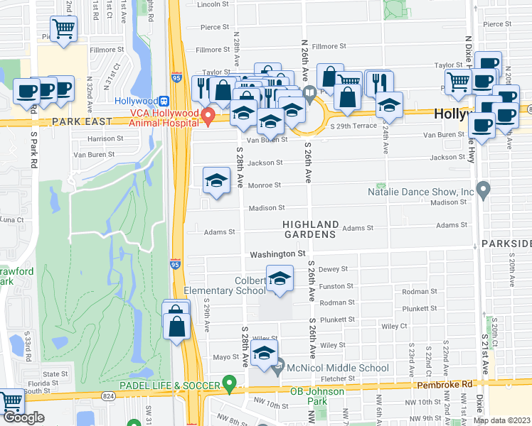 map of restaurants, bars, coffee shops, grocery stores, and more near 2718 Madison Street in Hollywood